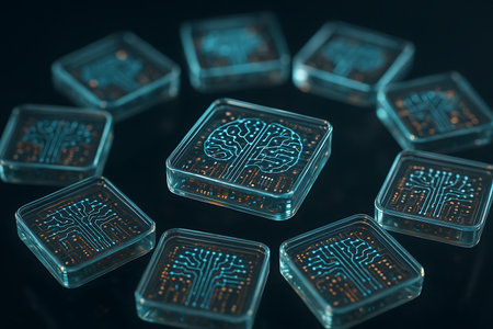 A mesmerizing 3D rendered image showcasing advanced artificial intelligence concepts, with a glowing brain-shaped circuit pattern at the center, surrounded by multiple petri dish-like containers holding intricate digital circuits. This high-tech visual represents themes of machine learning, neuroscience, cognitive computing, and future technological research, set against a dark, futuristic background.の素材