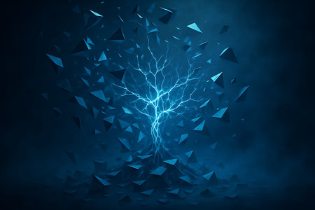 An abstract and dynamic digital art piece featuring a vibrant electric blue tree-like energy core, emitting a powerful glow. Numerous sharp, dark blue geometric shards and fragments explode outwards from the center against a dark, mystical blue background, creating a sense of energy, destruction, and transformation.の素材