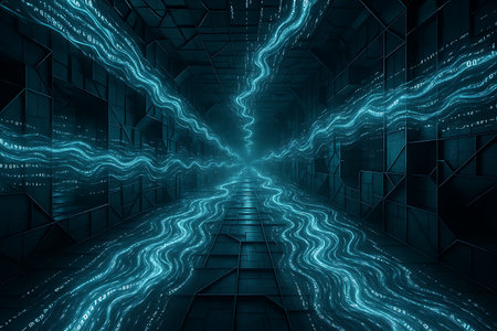 An abstract and futuristic background featuring a dark, geometric tunnel with vibrant, glowing blue wavy lines of data and binary code. This high-tech visual represents rapid information flow, cybersecurity, artificial intelligence, big data, and global network connectivity, ideal for technology and innovation themes.の素材