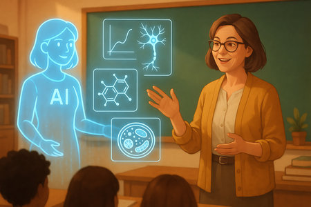 A smiling female teacher actively explains complex scientific concepts in a modern classroom, utilizing a glowing blue holographic AI assistant. The AI figure displays various interactive diagrams, including a growth curve graph, a detailed neuron structure, a molecular chemical compound, and microscopic biological cells, illustrating interdisciplinary learning in STEM fields. This futuristic scene emphasizes the integration of artificial intelligence into education, creating an engaging and advanced learning environment for students.の素材