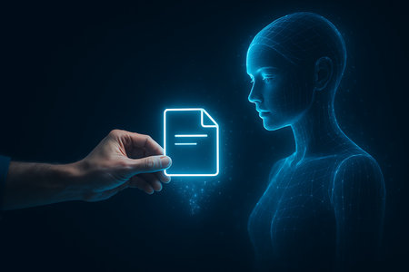 A human hand presents a glowing digital document icon to a wireframe-like artificial intelligence profile, symbolizing the exchange and processing of information between humans and advanced technology in a futuristic, interconnected world.の素材