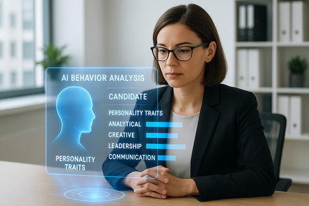 A focused professional woman in an office setting observes a futuristic holographic display showing &#39;AI Behavior Analysis&#39; and &#39;Personality Traits&#39; for a candidate, including analytical, creative, leadership, and communication skills. This visual represents the application of artificial intelligence and machine learning in human resources for talent acquisition, employee assessment, and modern recruitment processes.の素材