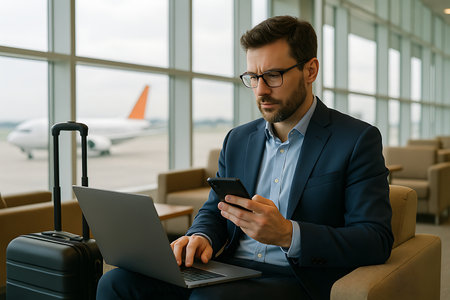 A focused businessman sits in an airport lounge, working diligently on his laptop and smartphone.  He's dressed in a sharp navy blue suit and light blue shirt, exuding professionalism. A carry-on suitcase rests beside him, suggesting travel and business. The background features a large window with an airplane visible on the tarmac, emphasizing the airport setting.の素材