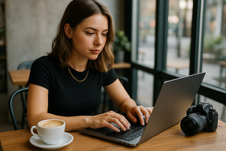 Foto seorang wanita muda yang berkonsentrasi bekerja di laptopnya di sebuah kafe modern. Sebuah kamera DSLR terletak di meja di sebelahnya, menunjukkan profesinya sebagai fotografer atau pekerja kreatif. Latar belakangnya kabur menunjukkan jendela besar dengan cahaya alami yang masuk.の素材