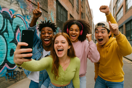Empat teman muda yang beragam secara etnis, seorang wanita berkulit putih, seorang wanita berkulit hitam, seorang pria berkulit hitam, dan seorang pria Asia, mengambil selfie dengan ponsel pintar. Mereka semua bersemangat dan bahagia, dengan tangan terangkat ke atas.  Latarkan adalah dinding bergrafiti di sebuah jalan kota.の素材