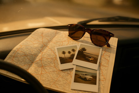 A warm, close-up shot of a road map, stylish sunglasses, and three instant prints (Polaroid style) resting on a car&#39;s dashboard during golden hour. The vintage-style photos depict scenes of palm trees, a sandy beach, and a classic car by the ocean, evoking a sense of cherished travel memories and summer adventures. Perfect for themes of road trips, vacations, nostalgia, and freedom.の素材