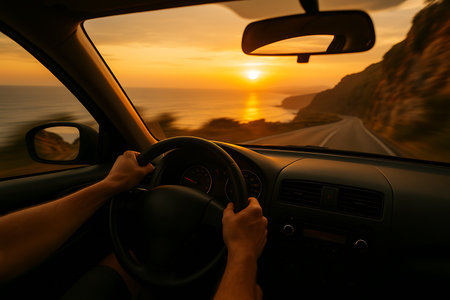 A captivating point-of-view shot from inside a car, with hands on the steering wheel, as it drives along a scenic coastal road during a vibrant golden sunset. The ocean sparkles on the left, and a winding road disappears into the distance with cliffs on the right, all bathed in warm, beautiful light, evoking a sense of adventure and freedom.の素材