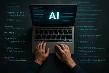 Top-down view of a person&#39;s hands typing on a laptop keyboard. The screen displays the glowing &quot;AI&quot; acronym in the center, surrounded by complex programming code. This image symbolizes artificial intelligence development, machine learning, and the future of technology in a modern computing environment.の素材