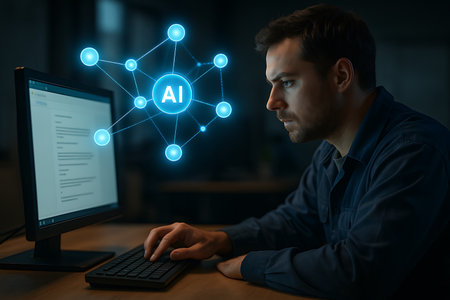 A focused man intently working on a computer keyboard in a dimly lit environment, with a glowing blue AI (Artificial Intelligence) neural network graphic superimposed nearby. This image symbolizes modern technology, machine learning, data processing, and the development of intelligent systems.の素材