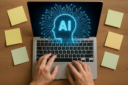 Top-down view of a person&#39;s hands typing on a laptop keyboard. The laptop screen prominently displays a glowing blue silhouette of a human head with the &#39;AI&#39; text inside, surrounded by a digital circuit board pattern, symbolizing artificial intelligence and advanced technology. The wooden desk features several blank sticky notes, suggesting ideas, planning, or reminders in a modern workspace environment.の素材
