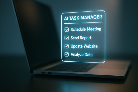 A futuristic AI Task Manager interface glowing with neon blue lines, displaying a checklist of completed tasks like &#39;Schedule Meeting&#39;, &#39;Send Report&#39;, &#39;Update Website&#39;, and &#39;Analyze Data&#39;, floating above a modern laptop. This conceptual image represents artificial intelligence in business productivity, automation, and efficient task management solutions, highlighting the future of smart workflow and operational efficiency in a dark, tech-focused environment.の素材