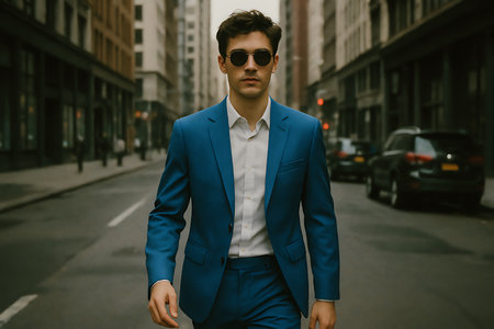 A young, stylish man in a vibrant blue suit walks confidently down a city street. He wears sunglasses and a crisp white shirt, exuding an air of sophistication and success. The urban background is blurred, focusing attention on the model.の素材