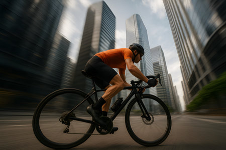 A male cyclist speeds through a modern city, captured with motion blur emphasizing the speed and dynamism of the scene. The cyclist wears an orange jersey and black shorts, and rides a black road bike.  Tall skyscrapers form a dramatic backdrop.の素材