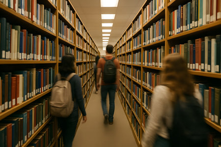 Motion blur image of students with backpacks walking through long library aisles lined with bookshelves.  The focus is on the books and the general atmosphere of a busy library.の素材
