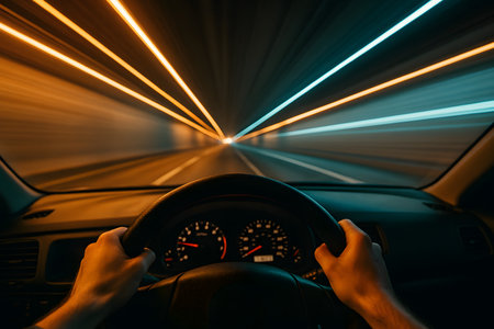 A captivating image of a person driving through a tunnel at night. The long exposure captures the vibrant streaks of light from oncoming vehicles, creating a dynamic and energetic feel. The image is perfect for illustrating themes of speed, travel, adventure, and the thrill of nighttime driving.の素材