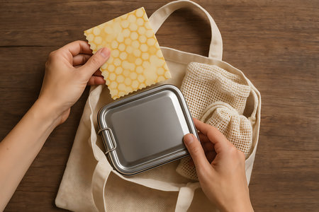 Overhead shot of a person&#39;s hands organizing zero-waste essentials on a rustic wooden background. The items include a reusable stainless steel lunch box, a beeswax food wrap with a honeycomb pattern, and a fabric tote bag with a mesh produce bag, promoting sustainable living and plastic-free choices.の素材