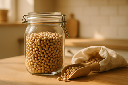 A glass jar filled with dried chickpeas, a rustic wooden scoop, and a cloth bag of garbanzo beans resting on a warm wooden kitchen countertop. The scene is bathed in natural light, highlighting the healthy, raw ingredients perfect for plant-based cooking and a wholesome diet.の素材