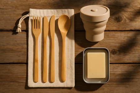 Top view of a sustainable travel kit featuring bamboo cutlery (fork, knife, spoon) in a natural fabric pouch, a collapsible silicone cup, and a natural soap bar in a metal tin. All items are arranged on a rustic wooden surface with warm natural light and shadows, promoting a plastic-free and zero-waste lifestyle for travel, picnics, or daily conscious living.の素材