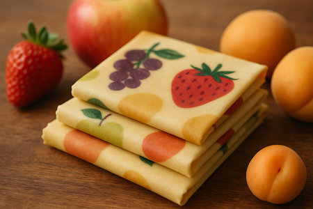 A vibrant stack of reusable beeswax food wraps featuring charming fruit patterns, including strawberries, grapes, and apples, artfully arranged on a rustic wooden surface. Fresh, natural fruits like a ripe strawberry, a crisp apple, and several apricots complete the scene, emphasizing a healthy, sustainable, and zero-waste lifestyle. This image beautifully illustrates plastic-free food storage solutions and conscious consumerism, perfect for themes of environmental responsibility, green living, and home sustainability.の素材