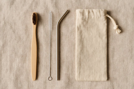 Top view of a sustainable zero waste travel kit featuring a natural bamboo toothbrush, a reusable stainless steel straw with its cleaning brush, and a fabric pouch. Arranged neatly on a textured linen background, these plastic-free items promote an eco-conscious and environmentally friendly lifestyle.の素材