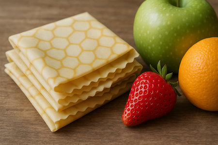 A vibrant still life featuring a stack of reusable beeswax food wraps with a distinctive honeycomb pattern, accompanied by a crisp green apple, a juicy red strawberry, and a bright orange, all resting on a warm wooden surface. This image beautifully illustrates sustainable living, healthy eating habits, and environmentally conscious food storage solutions, emphasizing zero-waste principles and natural alternatives to plastic.の素材