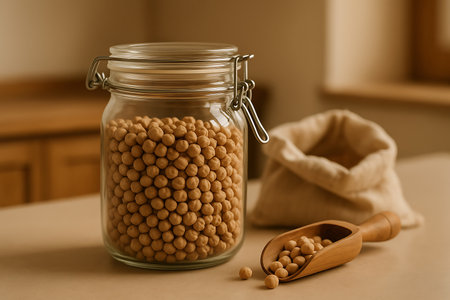 A clear glass jar with a metal clamp lid is filled with dried chickpeas, ready for storage or cooking. Next to the jar, a rustic wooden scoop holds a small portion of the legumes, with a few loose beans scattered on the light-colored kitchen countertop. In the soft-focus background, a natural cloth bag suggests a pantry setting, emphasizing healthy eating, natural ingredients, and wholesome cooking.の素材