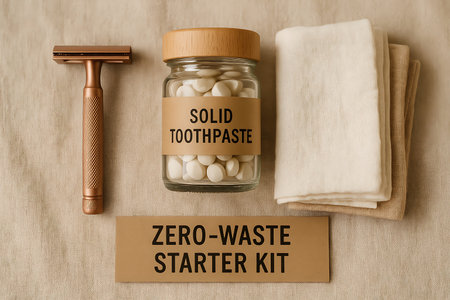 An overhead flat lay of a zero-waste starter kit, showcasing sustainable personal care essentials. The collection includes solid toothpaste tablets in a glass jar with a wooden lid, a reusable metal safety razor, and natural reusable cloths, all set against a neutral, textured fabric background. This image highlights eco-friendly alternatives for a plastic-free and conscious lifestyle.の素材