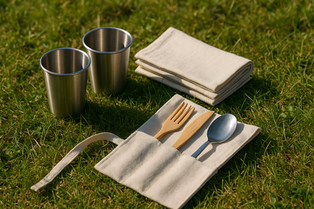 A top-down view of a sustainable picnic setup on vibrant green grass, featuring a reusable cutlery set with a bamboo fork and knife, a metal spoon in a fabric roll-up pouch, two stainless steel cups, and a stack of fabric napkins, ready for an outdoor meal or camping adventure.の素材