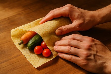 Close-up of hands carefully wrapping a vibrant selection of fresh vegetables, including a carrot, cucumber, and cherry tomatoes, in an eco-friendly beeswax food wrap with a distinctive honeycomb pattern. The scene, set on a warm wooden table, emphasizes sustainable and zero-waste practices for food storage, promoting a healthier planet and a conscious lifestyle.の素材
