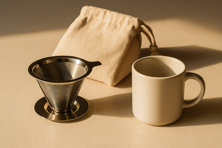 A neatly arranged still life showcasing a modern pour-over coffee filter, a simple ceramic mug, and a natural drawstring bag on a warm beige background with soft, natural light and shadows. This clean and minimalist composition is perfect for illustrating home coffee brewing, slow mornings, or a cozy cafe aesthetic.の素材