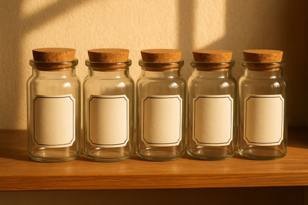 Five identical empty clear glass jars, each topped with a natural cork stopper and featuring a blank white label for customization, are neatly arranged in a row on a rustic wooden shelf. Warm, natural light casts soft shadows on the beige wall in the background, creating a cozy and inviting atmosphere. This image is perfect for themes of home organization, sustainable living, DIY projects, food storage, or product mockups.の素材