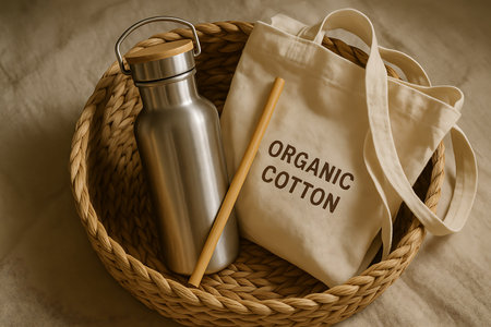 A collection of sustainable, eco-friendly essentials presented in a rustic wicker basket. The items include a reusable stainless steel water bottle with a bamboo lid, a bamboo straw, and an &quot;Organic Cotton&quot; tote bag, highlighting a commitment to a zero-waste lifestyle and environmental responsibility.の素材