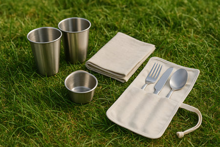 A complete eco-friendly set of reusable stainless steel cups, a small bowl, and a portable cutlery set (fork, knife, spoon) neatly arranged in a fabric roll-up case, alongside a folded cloth napkin, all placed on lush green grass. This durable and sustainable tableware is perfect for outdoor dining, picnics, camping, travel, or promoting a zero-waste lifestyle.の素材
