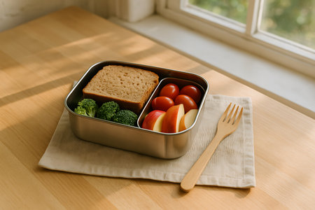 A wholesome and nutritious meal packed in a modern stainless steel bento box, featuring a whole wheat sandwich, steamed broccoli, ripe cherry tomatoes, and crisp apple slices. The eco-friendly lunch is artfully arranged on a light wooden table with a linen napkin and a wooden fork, illuminated by soft natural light from a window, perfect for a healthy lifestyle.の素材
