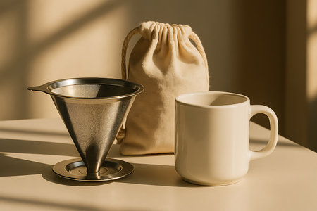 A minimalist still life featuring a metal reusable pour-over coffee filter, a cream-colored ceramic mug, and a natural canvas drawstring bag. The scene is bathed in warm, dappled sunlight and shadows, creating a tranquil and cozy atmosphere perfect for a morning coffee ritual or slow living aesthetic.の素材