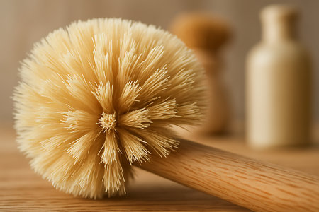 A close-up, soft-focus shot of an eco-friendly brush with natural bristles and a wooden handle. The background is softly blurred, enhancing the natural and clean aesthetic. This image evokes themes of sustainability, zero-waste living, natural cleaning, and mindful self-care. It&#39;s suitable for content related to green products, home essentials, wellness, and environmental consciousness.の素材