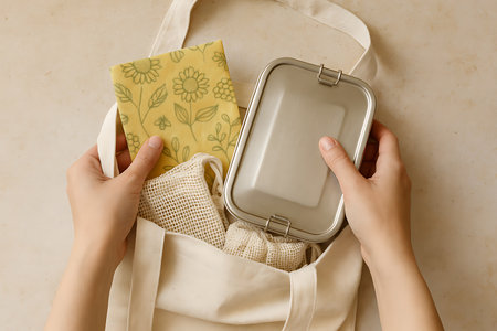 Top view of hands holding a metal bento box and a beeswax food wrap, ready to be placed into a canvas reusable tote bag, showcasing eco-friendly and zero-waste alternatives for sustainable food storage and shopping.の素材