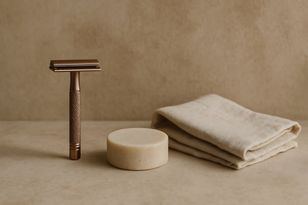 A minimalist composition showcasing eco-friendly shaving essentials, including a modern bronze safety razor, a round bar of natural soap, and a soft folded towel. Photographed on a textured neutral background, this image represents sustainable living, zero-waste grooming, and a mindful self-care routine.の素材