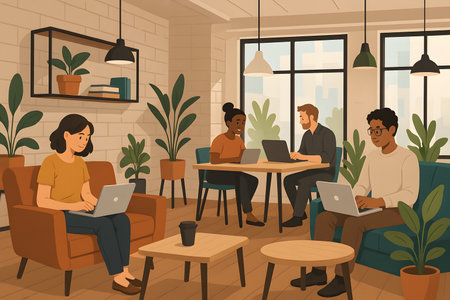 An illustration depicting a diverse group of young professionals engaged in work on their laptops within a vibrant and green modern coworking or office environment. The scene highlights collaboration, remote work, and productivity in a comfortable, plant-filled setting with a city view.の素材