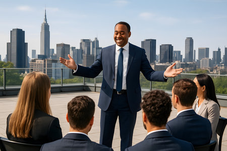 An energetic African American businessman, dressed in a suit, delivers a compelling presentation or leads a discussion to a diverse group of colleagues on a modern rooftop terrace. With a stunning city skyline, including recognizable landmarks like the Empire State Building, under a clear blue sky, the scene captures themes of urban business, leadership, communication, and professional collaboration.の素材