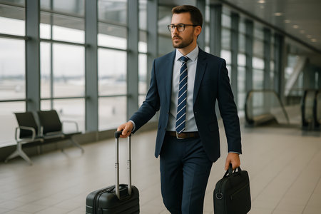 A focused businessman, dressed in a sharp suit and glasses, walks confidently through a bright, spacious airport terminal. He pulls a black rolling suitcase and carries a briefcase, embodying the essence of business travel and professionalism. Large windows in the background reveal the airfield, and seating areas are visible, highlighting the modern architecture of the airport.の素材