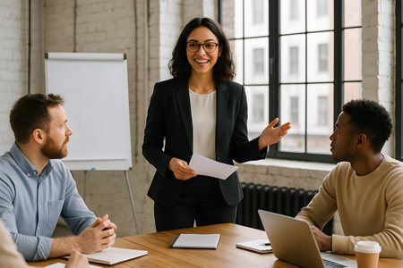 A confident and smiling businesswoman in glasses and a suit leads a discussion or presentation with her diverse team. She stands, holding papers and gesturing, while two male colleagues attentively listen at a wooden table in a modern office setting.の素材