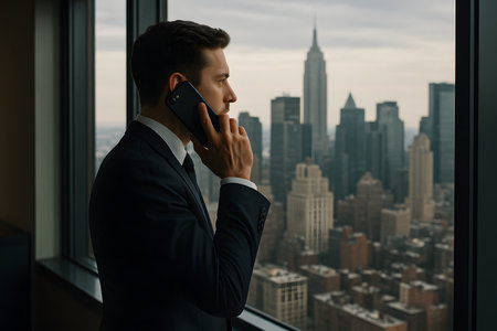 A focused businessman in a dark suit and white shirt talks on his smartphone while looking out a high-rise window at a sprawling city skyline. The view includes iconic skyscrapers like the Empire State Building, conveying a sense of corporate power, communication, and urban ambition.の素材