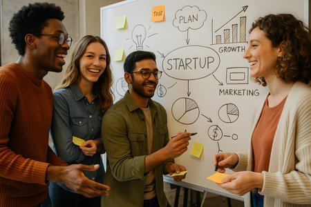 A happy and diverse group of young professionals collaborating on a new startup project in a modern office. They are engaged in a brainstorming session, actively discussing ideas, strategies, and growth plans displayed on a whiteboard featuring a mind map with terms like &#39;STARTUP&#39;, &#39;PLAN&#39;, &#39;GROWTH&#39;, and &#39;MARKETING&#39;, along with diagrams and sticky notes. This image emphasizes teamwork, innovation, and business development.の素材