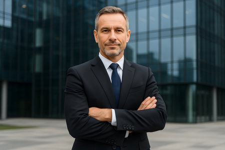 A confident and professional middle-aged businessman stands with his arms crossed in front of a modern glass office building. Dressed in a sharp dark suit, white shirt, and blue tie, he exudes leadership, experience, and authority. His composed expression and direct gaze convey trustworthiness and success in a corporate urban environment.の素材