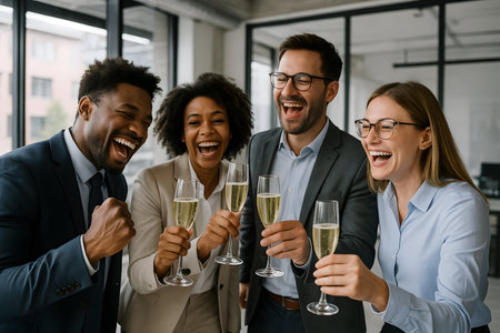 A joyful and diverse group of four business professionals, two men and two women, celebrate a success with champagne flutes in a modern office setting. Their genuine laughter and beaming smiles convey happiness, teamwork, and achievement during this special occasion.の素材