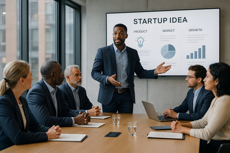 An African American male executive presents a &#39;Startup Idea&#39; to a diverse group of attentive business professionals in a modern conference room. The presentation screen displays product, market, and growth charts, emphasizing innovation and strategic planning. The multi-ethnic team is engaged, listening intently to the pitch and discussing potential business opportunities in a collaborative corporate environment.の素材