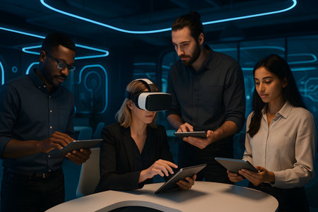 A diverse group of business professionals engages with virtual reality technology and digital tablets in a modern, neon-lit office environment. A woman wears a VR headset, while her multi-ethnic colleagues interact with tablets, showcasing teamwork, innovation, and the exploration of immersive digital experiences in a high-tech workspace.の素材