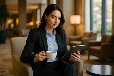 A focused businesswoman in professional attire sits comfortably in a stylish hotel lounge or executive waiting area, holding a digital tablet and a white coffee cup. She is engaged in work or browsing, with a serene and sophisticated atmosphere in the blurred background.の素材
