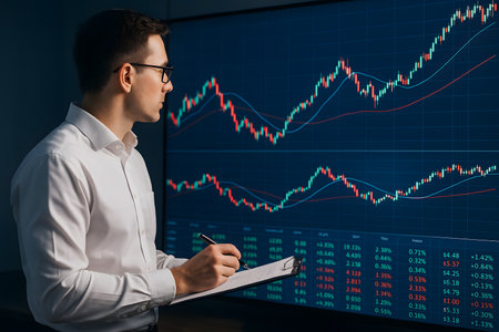 A focused young man, wearing glasses and a white shirt, intently analyzes complex stock market charts and real-time financial data displayed on a large, illuminated digital screen. He holds a clipboard and pen, indicating active note-taking or strategy development, embodying the diligent work of an investor, trader, or financial analyst in a modern, data-driven environment.の素材